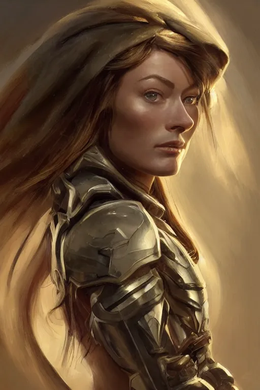 Image similar to a professional painting of a young Olivia Wilde, clothes in military armor, olive skin, long dark hair, beautiful bone structure, symmetrical facial features, intricate, elegant, digital painting, concept art, smooth, sharp focus, illustration, from StarCraft by Ruan Jia and Mandy Jurgens and Artgerm and William-Adolphe Bouguerea