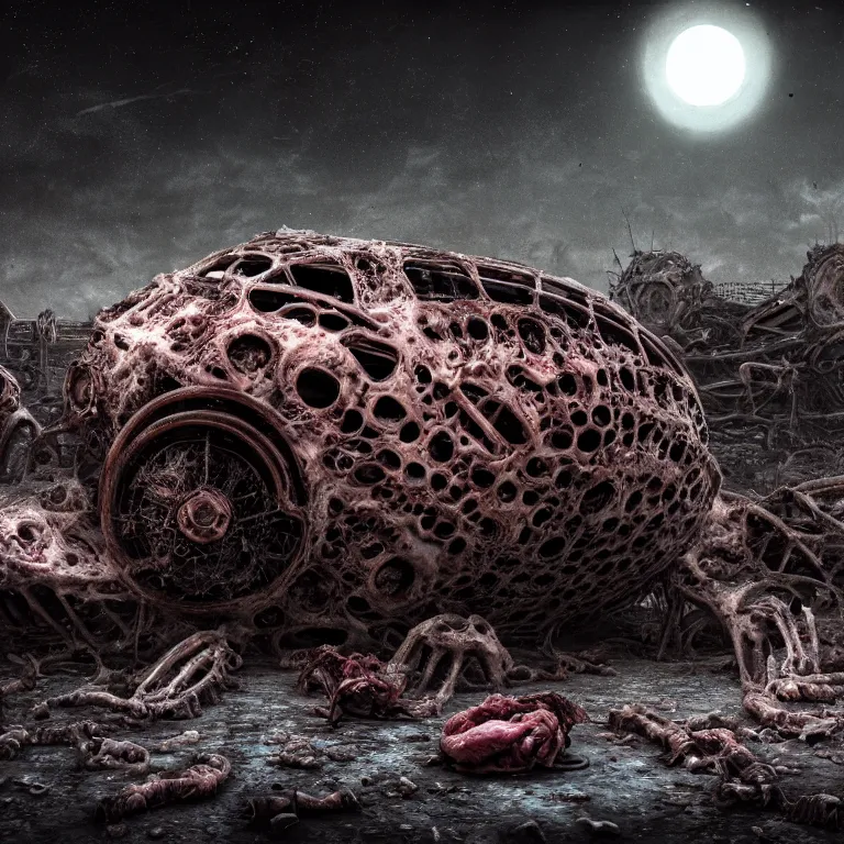 Prompt: ribbed abandoned biomechanical organic crashed car wreck on exoplanet at night, in a desolate empty wasteland, covered with organic flesh, meat, creepy, nightmare, dream-like heavy atmosphere, surreal abandoned buildings, baroque painting, beautiful detailed intricate insanely detailed octane render trending on Artstation, 8K artistic photography, photorealistic, chiaroscuro, cinematic volumetric light, Raphael, Caravaggio, Beksinski, Giger