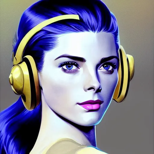 Prompt: Ashley Greene's face combined with Grace Kelly's face with blue hair wearing Power Armor and a headset, western, D&D, fantasy, intricate, elegant, highly detailed, digital painting, artstation, concept art, matte, sharp focus, illustration, art by Artgerm and Greg Rutkowski and Alphonse Mucha