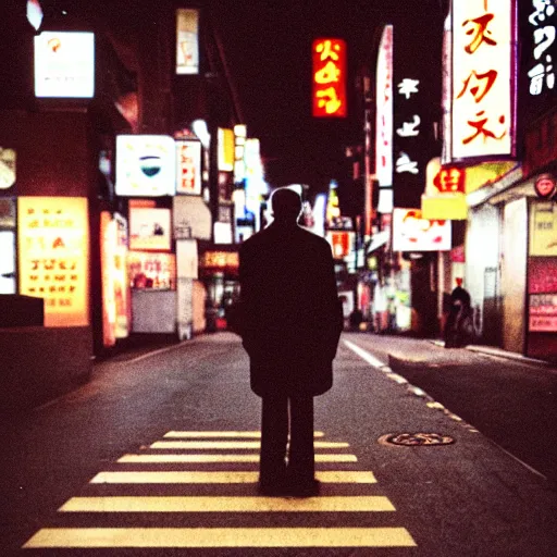 Image similar to old black man in tokyo at night, cinestill 8 0 0,