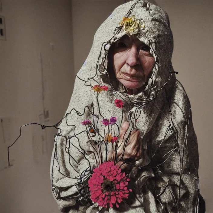 Image similar to a woman wearing a hood made of wire and zinnias, in an abandoned office building, by lucien freud, canon eos c 3 0 0, ƒ 1. 8, 3 5 mm, 8 k, medium - format print