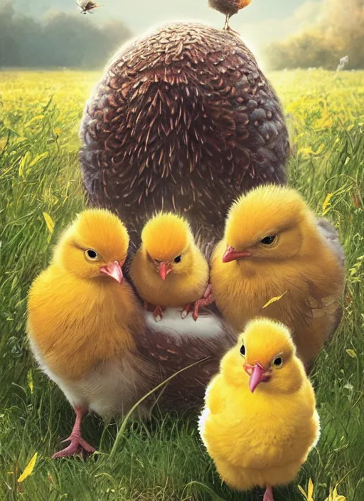 Image similar to a hen and her two cute small yellow chicks on a meadow, mama movie poster by nuri iyem, james gurney, james jean, greg rutkowski, anato finnstark. pixar. hyper detailed, 5 0 mm, award winning photography, perfect faces