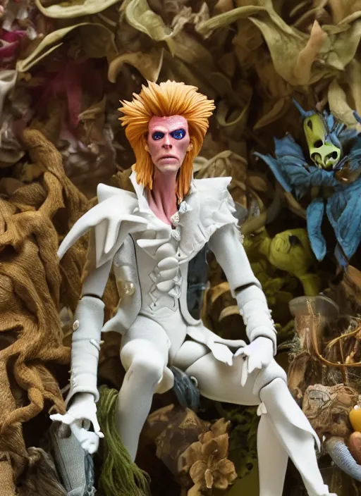 Prompt: product photography of a claymation action figure david bowie as jareth the goblin king, labyrinth depth of field, zeiss lens, detailed, centered, by jim henson, erwin olaf, joop geesink, breathtaking, 8 k resolution, extremely detailed, beautiful, establishing shot, hyperrealistic