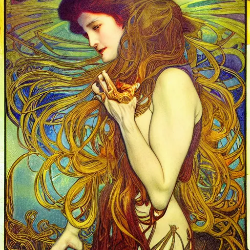 Prompt: a painting in the style of ayami kojima and in the style of jean delville and in the style of alphonse mucha.