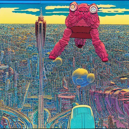 Image similar to a giant tardigrade attacking tokyo, by jean giraud