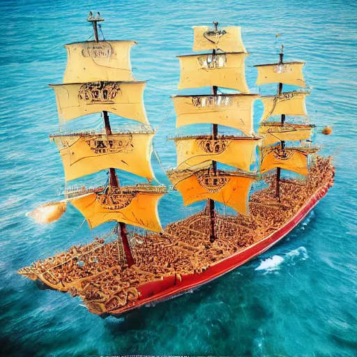 Image similar to thousand sunny ship from one piece, aerial, photorealistic, by professional photographer