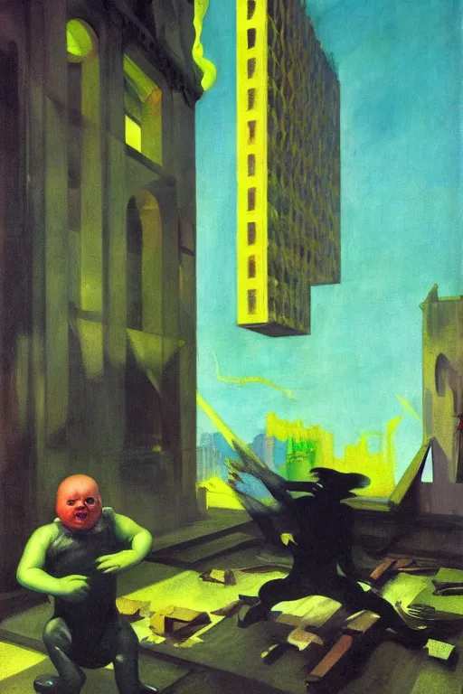 Prompt: evil human giant baby with goes destroying buildings under his feet, hauntingly surreal, highly detailed painting by francis bacon, edward hopper, adrian ghenie, gerhard richter, and james jean soft light 4 k,