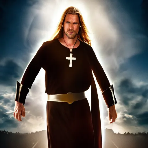 Prompt: action movie hero wearing dressed in priest's robes with a cross necklace. movie poster. 4k. Long flowing hair.