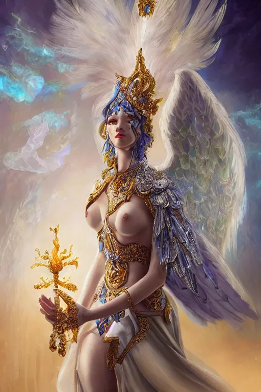 Image similar to beautiful princess wearing crystal white feathers, king sorcerers, ornate, blue and silver, armor, robes, diamonds, angel, fantasy, yellow background beam, dramatic lighting, highly detailed, digital painting, magic the gathering, 3 d render, hyper realistic detailed portrait, peter mohrbacher, wlop, ruan jia