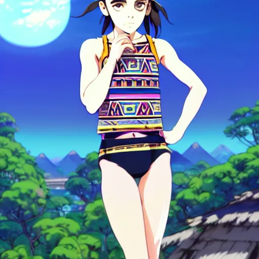 Image similar to a beautiful boyish emma watson alluring instagram model, wearing japanese hiphop aztec leotard outfit with mayan pattern and native style, aztec street fashion bathing suit, botw style, gapmoe yandere grimdark, trending on pixiv fanbox, painted by greg rutkowski makoto shinkai takashi takeuchi studio ghibli, akihiko yoshida