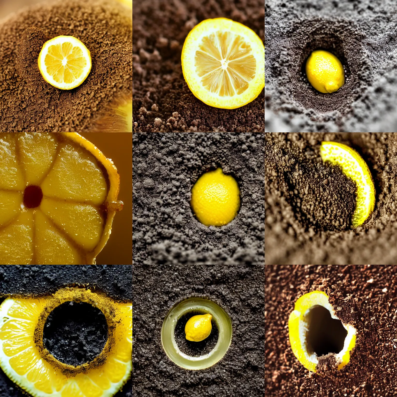 Prompt: a microscopic photo of a pore of a lemon with dirt in it