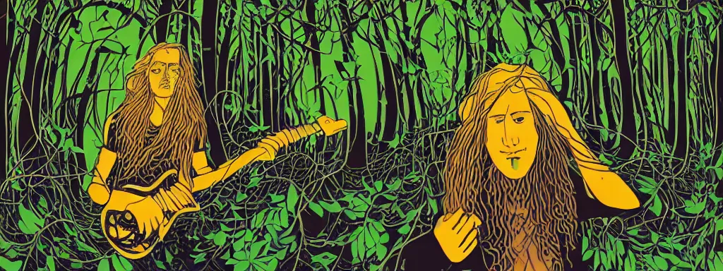 Prompt: a grunge technogaianist long-haired blonde digital musician playing modular synthesizer in the forest, technology and nature swirling in harmony, plugging vines into the synthesizer, trees swaying to the beat, postmodern surrealist concert poster, grainy poster art, hand drawn matte painting by Tara McPherson and Gary Houston, smooth, sharp focus, extremely detailed, 85mm.