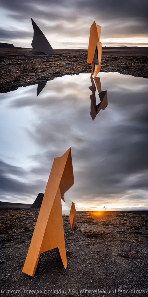 Image similar to futuristic angular architect humanoid sculpture made from deconstucted charcoal wood and mirrors, refracted, floating, iceland landscape photography sunset, by lurie belegurschi and gunnar freyr