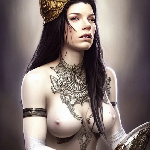 Image similar to an attractive young tattooed female with piercings wearing an white ornate metallic helmet, evangeline lilly, olive skin, long dark hair, beautiful bone structure, intricate, elegant, highly detailed, digital painting, artstation, concept art, smooth, sharp focus, illustration, art by artgerm and greg rutkowski and alphonse mucha