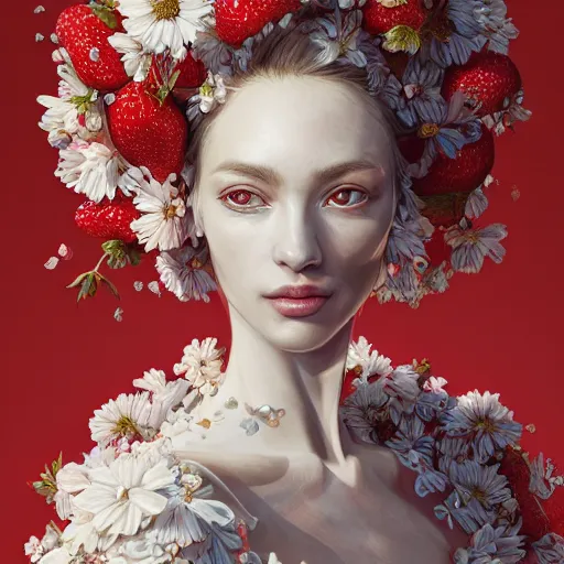 Image similar to the portrait of an absurdly beautiful, graceful, elegant, sophisticated, fashionable woman made of strawberries and white petals looking down, an ultrafine hyperdetailed illustration by kim jung gi, irakli nadar, intricate linework, bright colors, octopath traveler, final fantasy, unreal engine 5 highly rendered, global illumination, radiant light, detailed and intricate environment