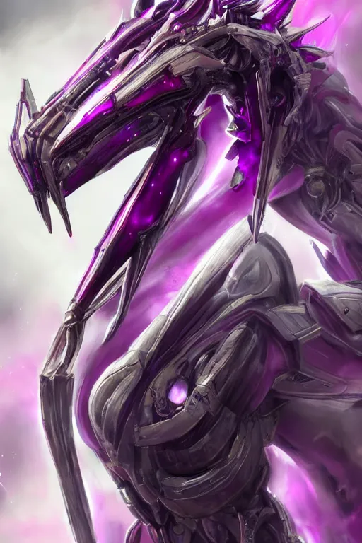 Image similar to bust shot, hyperdetailed realistic elegant beautiful stunning giant robot mecha hot female goddess dragon, sharp spines, sharp metal ears, smooth purple eyes, smooth fuschia skin, smooth silver armor, nebula size, space, epic proportions, epic scale, warframe fanart, macro giantess, furry art, dragon art, goddess art, giantess art, furaffinity, octane