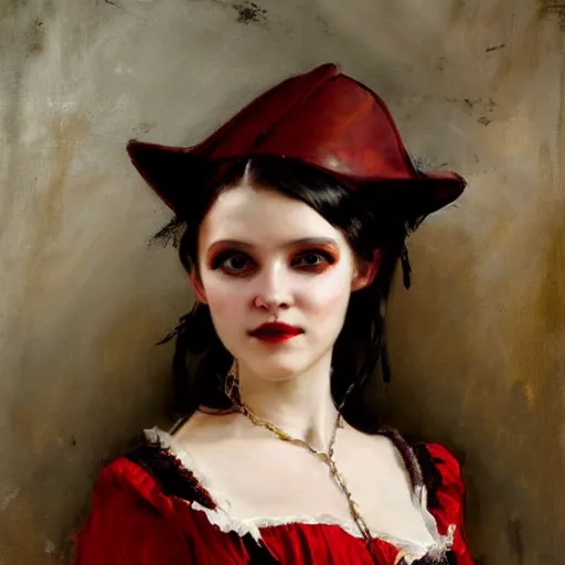 Image similar to Solomon Joseph Solomon and Richard Schmid and Jeremy Lipking victorian genre painting portrait painting of a happy young beautiful woman punk rock goth girl german french actress model pirate wench in fantasy costume, red background