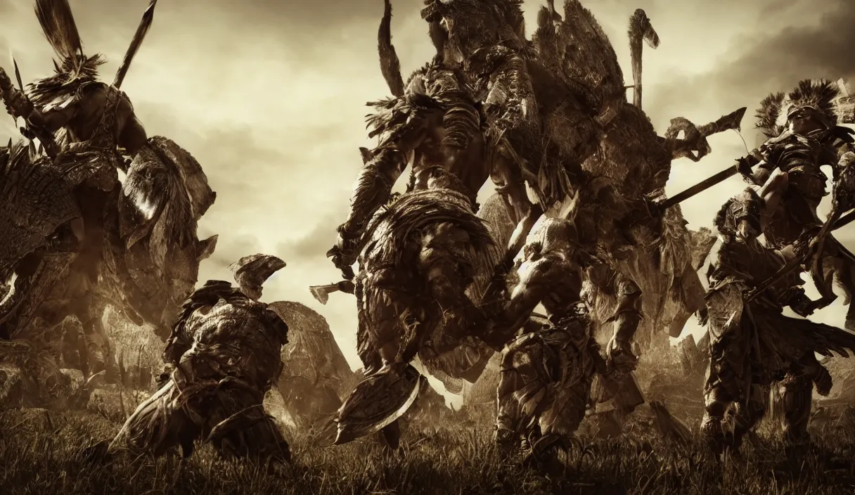 Image similar to long distance photo of two ancient tribesman standing against barbarians, in armor from monster hunter, attacking barbarian horde in the background, back shot, muscular bodies, dramatic lighting, cinematic, establishing shot, extremely high detail, photorealistic, 300 the movie,monster hunter the movie, monster hunter, cinematic lighting, artstation, octane render, western,old photo, vintage