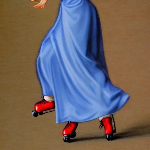 Image similar to blonde nun in blue clothes on roller skates, photorealistic, baroque style