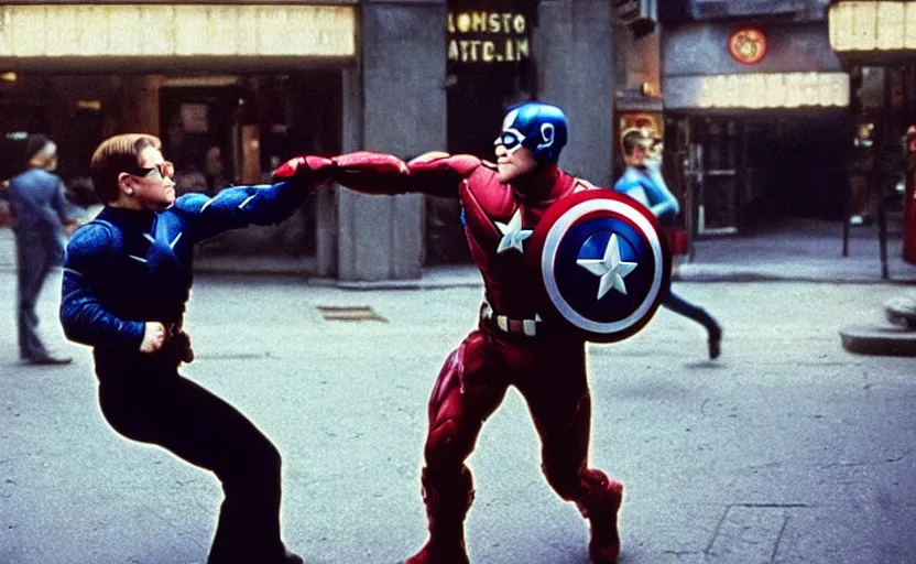 Image similar to cinestill 5 0 d candid photographic portrait by helen levitt of elton john fighting captain america in hand - to - hand combat, modern, moody, emotional cinematic, in a bar, 8 k, hd, high resolution, 3 5 mm, f / 3 2, ultra realistic faces, ex machina