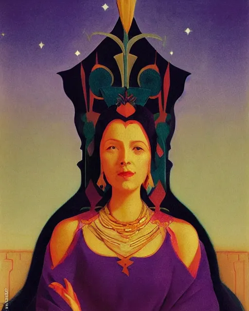 Image similar to an illustration of a queen on a throne at night by johann heinrich fussli, by nicholas roerich, by georgia o keeffe, realistic, detailed, oil painting