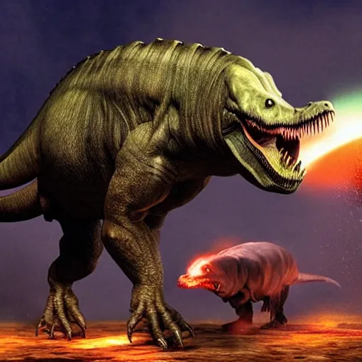 Image similar to a man punching a tyrannosaurus rex causing a nuclear explosion, 3 d, dynamic lighting, vivid imagery