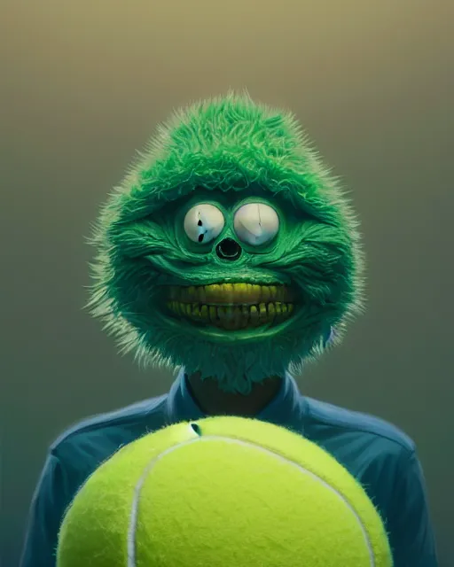 Image similar to highly detailed vfx portrait of a character of a tennis ball monster stephen bliss, unrealengine, greg rutkowski, loish, rhads, beeple, makoto shinkai and lois van baarle, ilya kuvshinov, rossdraws, tom bagshaw,