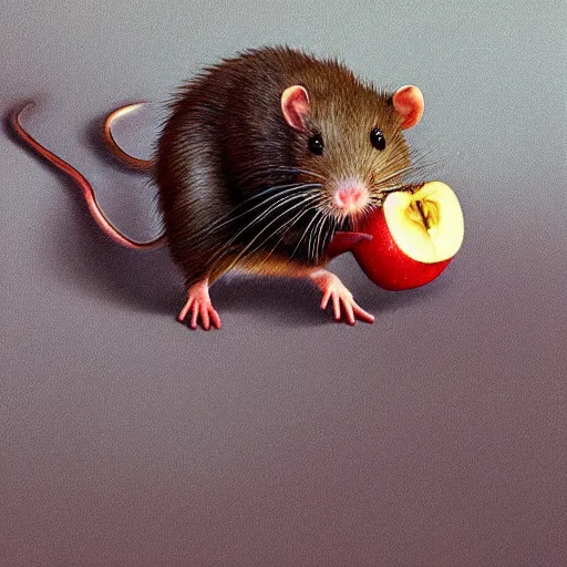 Prompt: realistic extremely detailed photo style portrait painting of a rat walking down a street eating an apple, moebius, brom, ian miller, moody vibrant colors, octane render, 4k