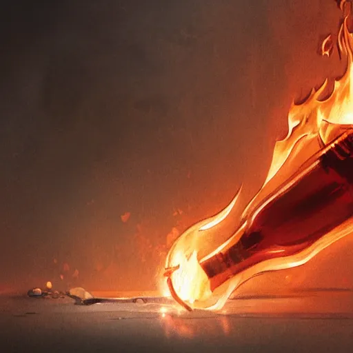 Image similar to closeup shot of a bottle with fire coming out, detailed digital illustration by greg rutkowski