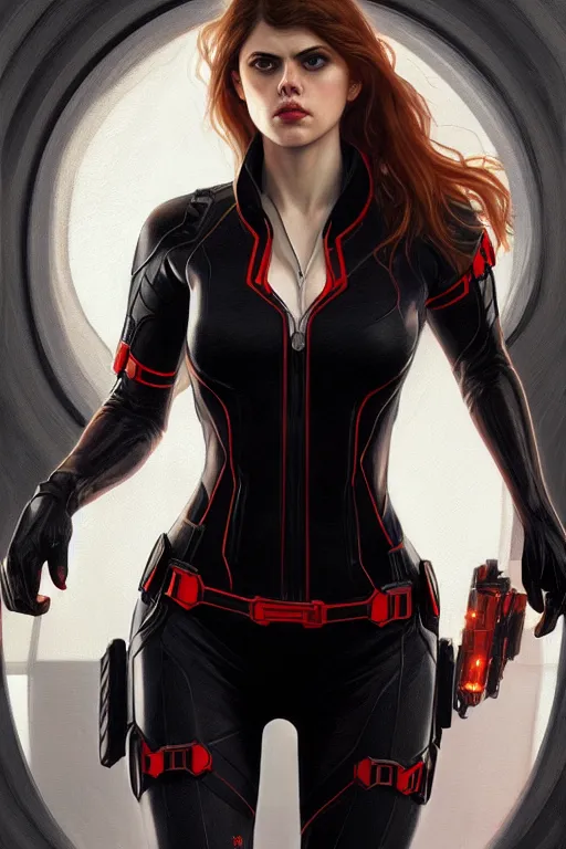 Image similar to alexandra daddario as black widow, realistic portrait, symmetrical, highly detailed, digital painting, artstation, concept art, smooth, sharp focus, illustration, cinematic lighting, art by artgerm and greg rutkowski and alphonse mucha