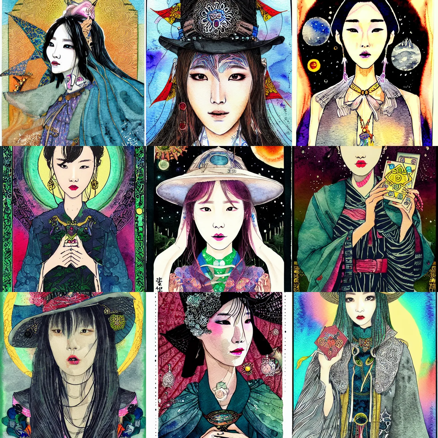 Prompt: korean women's fashion witch, intricate watercolor tarot solarpunk portrait by tim doyle