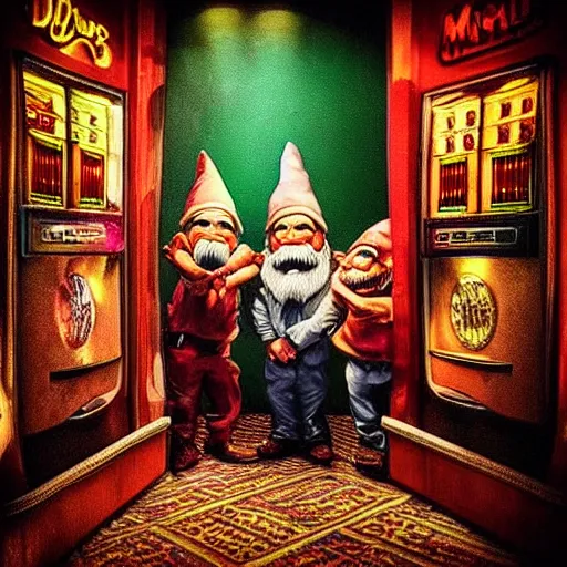 Prompt: “ drug addicted gnomes raid the casino monte carlo, daring robbery scene, cinematic scene, imax quality, psychedelic, atmospheric, shadowy, diffuse lighting, fantasy, intricate, highly detailed ”