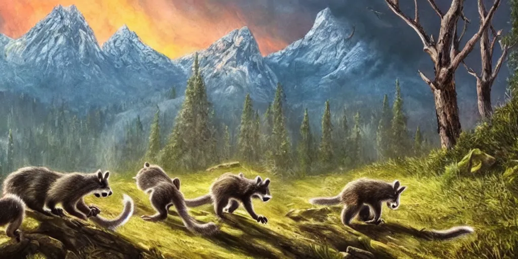 Image similar to A majestic landscape featuring mountains and a forest. A small group of racoons is running from a wild fire. Cinematic, very beautiful, painting in the style of Lord of the rings