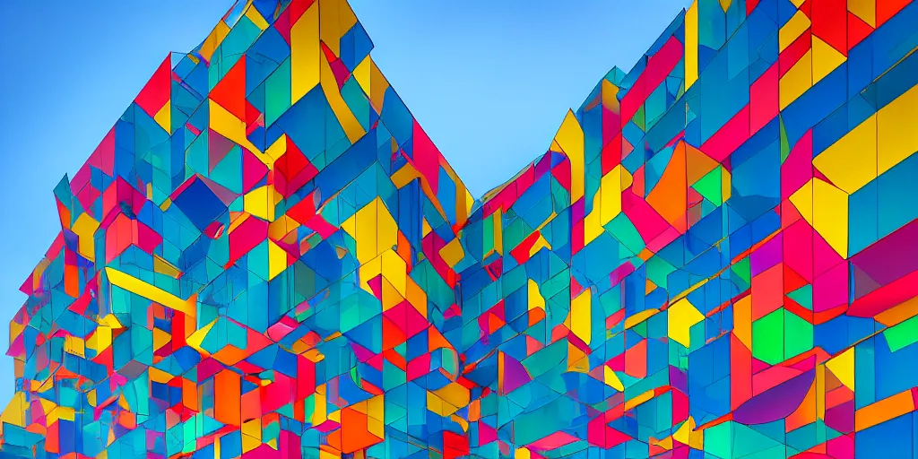 Prompt: extremely beautiful architecture photo of a colorful building complex designed by rem koolhaas and virgil abloh, postmodern, clean, the structure is angular and geometric, beautiful, award winning architecture, extremely beautiful lighting, cinematic composition, modern, render, architectural, architecture, realistic, clear