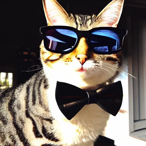 Prompt: fisheye lens photo of a cat wearing a bowtie and sunglasses