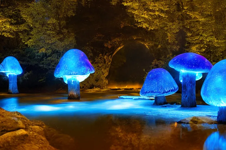 Image similar to giant glowing mushrooms next to a small bridge, flowing water, digital art, glowing crystal monolith in background, blue lighting, acrylic,