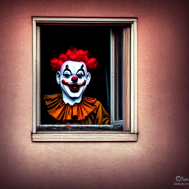 Image similar to scary clown looking through your window, highly detailed, 8 k, hdr, smooth, sharp focus, high resolution, award - winning photo