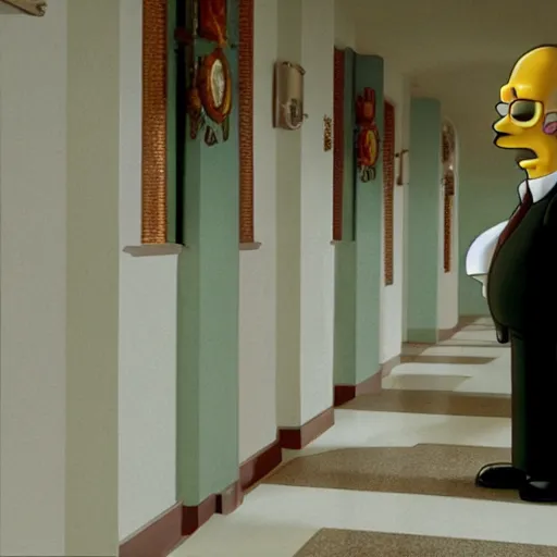 Prompt: Film still of homer simpson, the hotel budapest (2014)