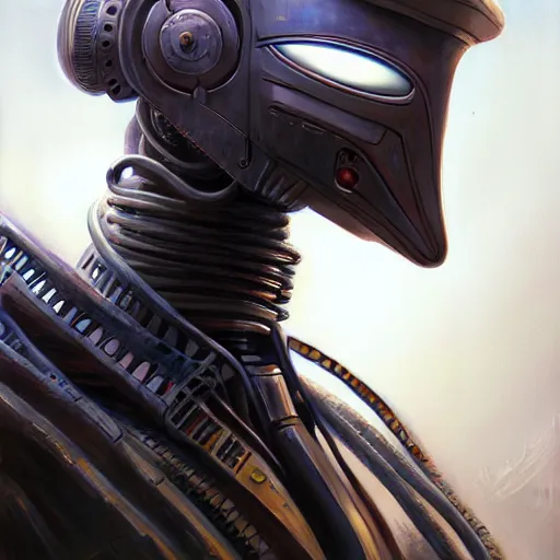 Image similar to low angle portrait shot of a cyberpunk gazmask robot character, intricate, elegant, highly detailed, centered, digital painting, artstation, concept art, smooth, sharp focus, illustration, artgerm, Tomasz Alen Kopera, Peter Mohrbacher, donato giancola, Joseph Christian Leyendecker, WLOP, Boris Vallejo