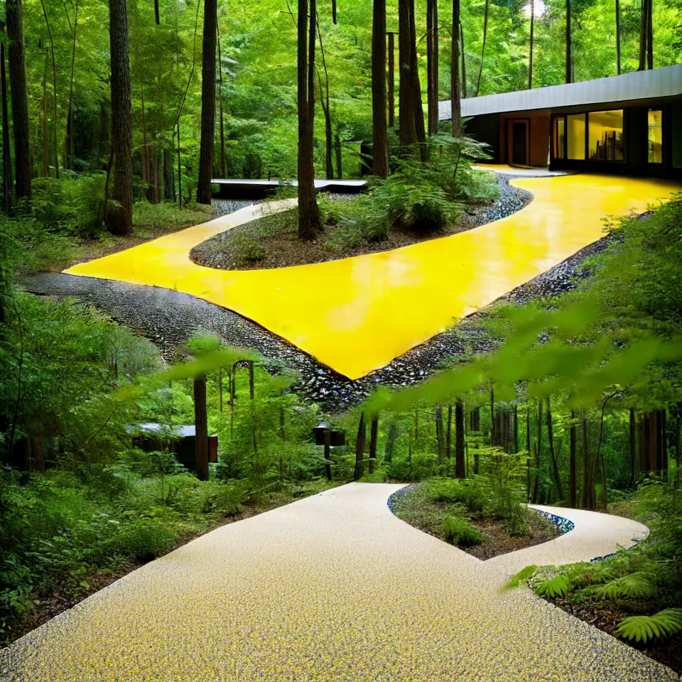 Image similar to a gravel pathway leading to a mid-century modern house in a forest, designed by Frank Gehry. Big tiles. Film grain, cinematic, yellow hue