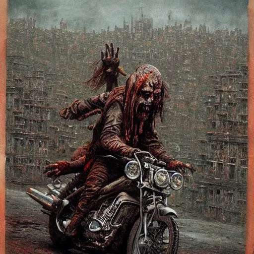 Image similar to epic wizard riding motorcycle through zombie infested apocalyptic city, highly detailed beksinski art