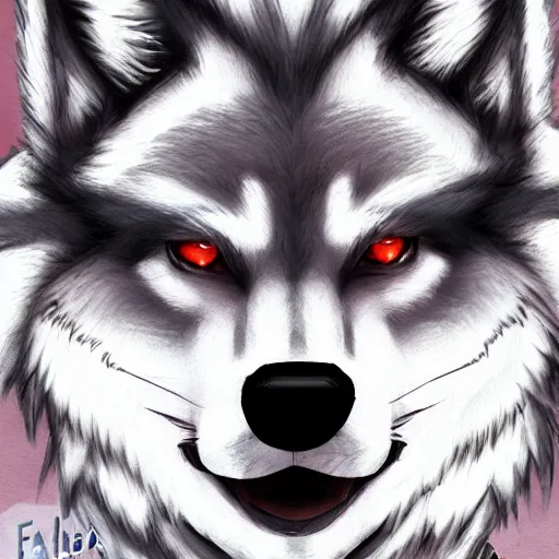 Prompt: headshot portrait of an anthropomorphic anime style wolf fursona, drawn by Falvie, trending on artstation