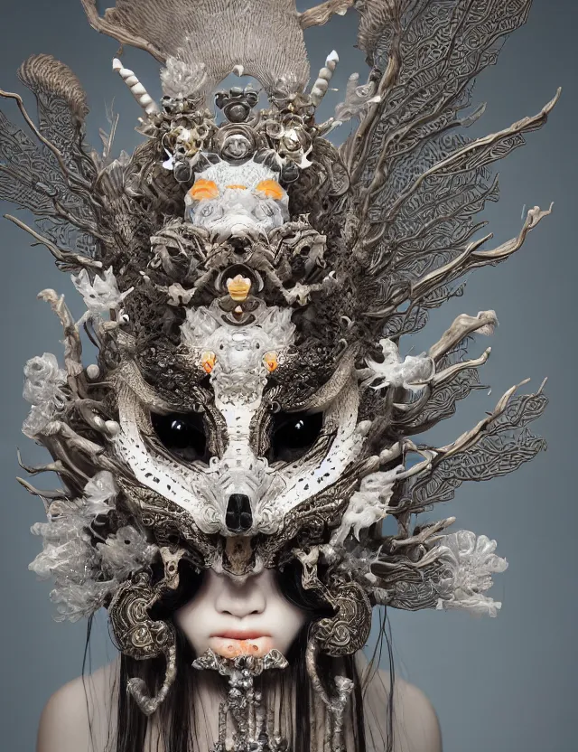 Image similar to goddess macro close - up portrait wigh crown made of ram skull. beautiful intricately detailed japanese crow kitsune mask and clasical japanese kimono. betta fish, jellyfish phoenix, bioluminiscent, plasma, ice, water, wind, creature, super intricate ornaments artwork by tooth wu and wlop and beeple and greg rutkowski