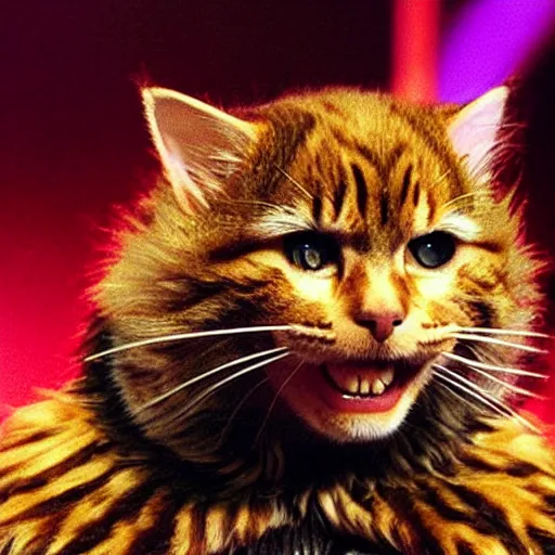 Image similar to 📷 john partridge playing rum tum tugger cat, spike collar, fluffy neck, cats 1 9 9 8 musical 🎶, professional cat makeup, stunning choreography and lighting