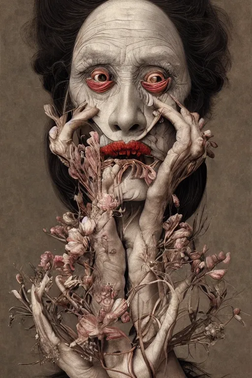 Image similar to Detailed maximalist portrait of a beautiful old woman with large lips and eyes, scared expression, botanical skeletal with extra flesh, HD mixed media, 3D collage, highly detailed and intricate, surreal illustration in the style of Caravaggio, dark art, baroque, centred in image