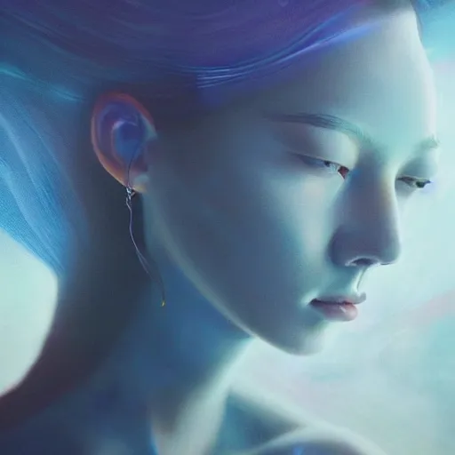 Image similar to sci - fi, close - up, 3 d, moon rays, night, sleepy fashion model face, cinematic, clouds, sun rays, vogue cover style, poster art, blue mood, realistic painting, intricate oil painting, high detail illustration, figurative art, multiple exposure, poster art, 3 d, by tooth wu and wlop and beeple and greg rutkowski