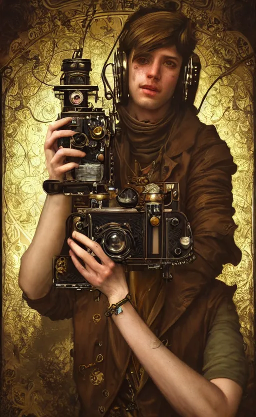 Image similar to hyper realistic male photographer looking through a vintage steampunk medium format camera, design on white background, beautiful details, lush foliage cyberpunk, gold, drawn by john singer sargent, tom bagshaw, norman rockwell, alphonso mucha, lolish, trending on artstation