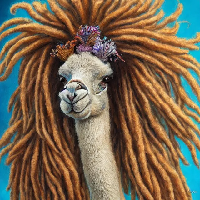 Image similar to llama with dreadlocks, by mandy jurgens, ernst haeckel, annie liebovotz, james jean