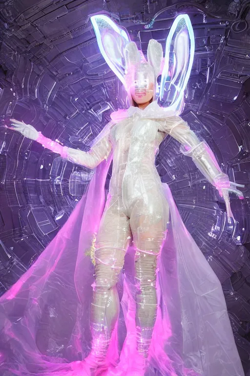 Image similar to full-body rococo and cyberpunk delicate crystalline sculpture of a muscular iridescent Bad Bunny as a humanoid deity wearing a thin see-through plastic hooded cloak sim roupa, posing like a superhero, glowing pink face, crown of white lasers, large diamonds, swirling black silk fabric. futuristic elements. oozing glowing liquid, full-length view. space robots. human skulls. throne made of bones, intricate artwork by caravaggio. Trending on artstation, octane render, cinematic lighting from the right, hyper realism, octane render, 8k, depth of field, 3D