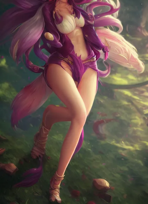 Image similar to ahri, from league of legends, au naturel, hyper detailed, digital art, trending in artstation, cinematic lighting, studio quality, smooth render, unreal engine 5 rendered, octane rendered, art style by klimt and nixeu and ian sprigger and wlop and krenz cushart